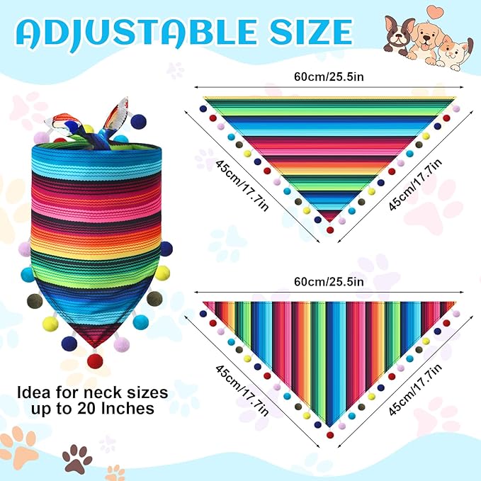 2 Pcs Mexican Dog Bandana Cinco De Mayo Fiesta Dog Costume Summer Mexican Pet Triangle Bib Adjustable with Pom Poms for Small Medium Pets Cats