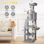DWVO 64.5" Tall Cat Tree, Multi-Tier Cat Condo with Hammock, Scratching Posts & Play Balls for 2-3 Cats (Light Gray)