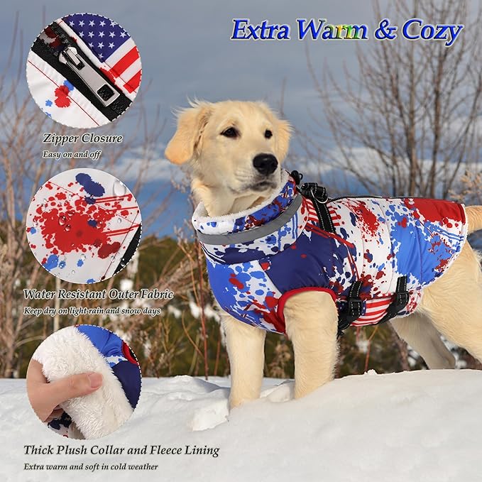 Dogcheer Dog Winter Coat, American Flag Dog Jacket with Harness, Adjustable Puppy Coat with Zipper, Waterproof Pet Fleece Jacket Snowsuit for Small Medium Large Dogs - US Flag L