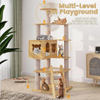 CCF 59in Wood Cat Tree for Indoor Cats,Multi-Level Modern Cat Tower with Large Cat Condo,Scratching Post,Acrylic Dome and Funny Toys for Small Large Cats,Natural Color