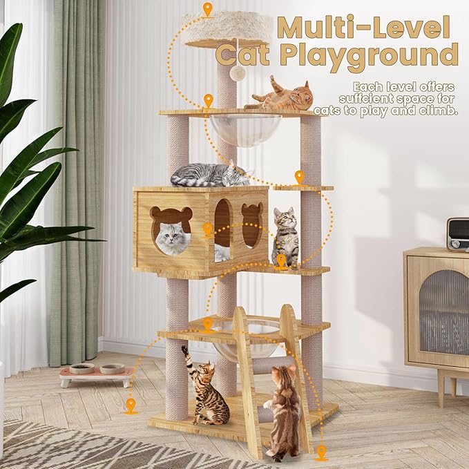 CCF 59in Wood Cat Tree for Indoor Cats,Multi-Level Modern Cat Tower with Large Cat Condo,Scratching Post,Acrylic Dome and Funny Toys for Small Large Cats,Natural Color