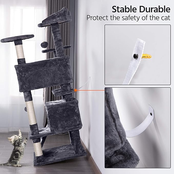 Topeakmart 54in Cat Tree, Cat Tower w/Large Cat Condo Scratching Posts and Perch, Cat Stand House Furniture, Dark Gray