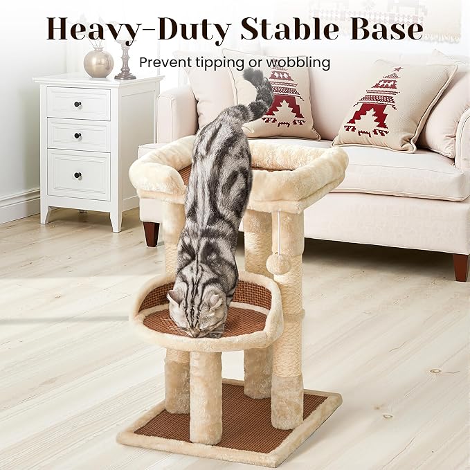 Multi-Level Cat Tree for Indoor Cats, Modern Cat Tower with Double Beds & Scratching Posts, 27in Cat Tree for Large Cats and Kitten, Small Cat Climbing Tower with Hanging Toys, Cream White