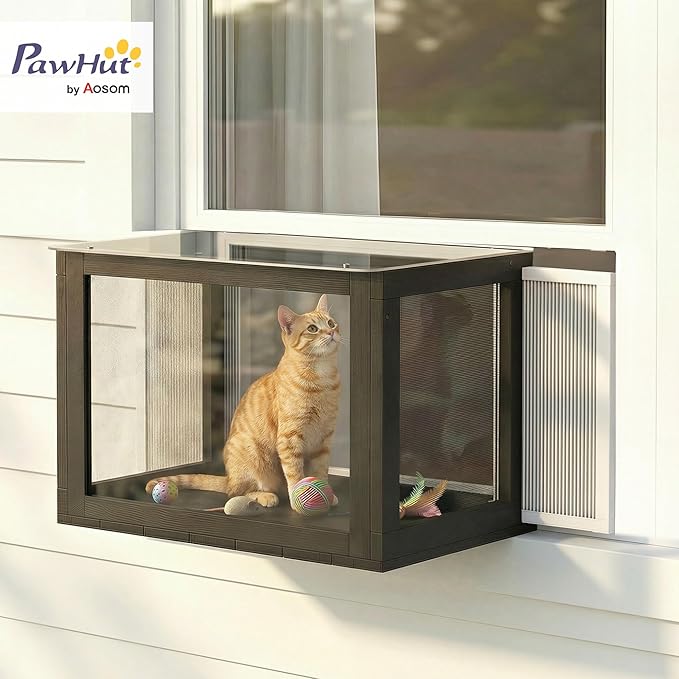 PawHut Cat Window Box Catio, Outdoor Indoor Cat Enclosure with Clear Panels, Universal Window Perch for Wall 25"–41", Catio for Indoor Pet Sunbathing, Napping & Overlooking