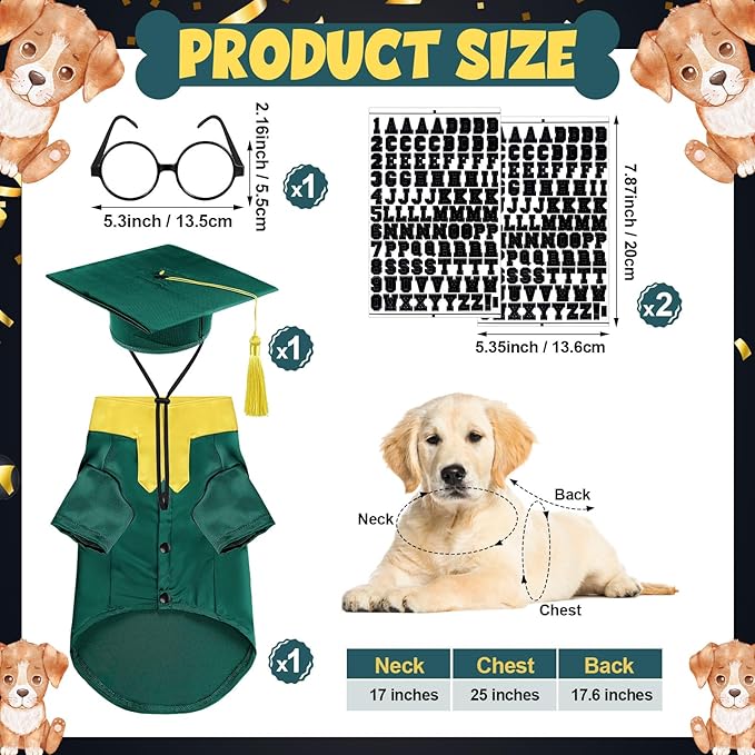 5 Pcs Dog Graduation Costume Set Include 2026 Pet Graduation Gown with Stole Puppy Grad Cap Lensless Glasses DIY Letter Stickers for Dogs Cats Holiday Costume Accessory(Green Yellow,L)