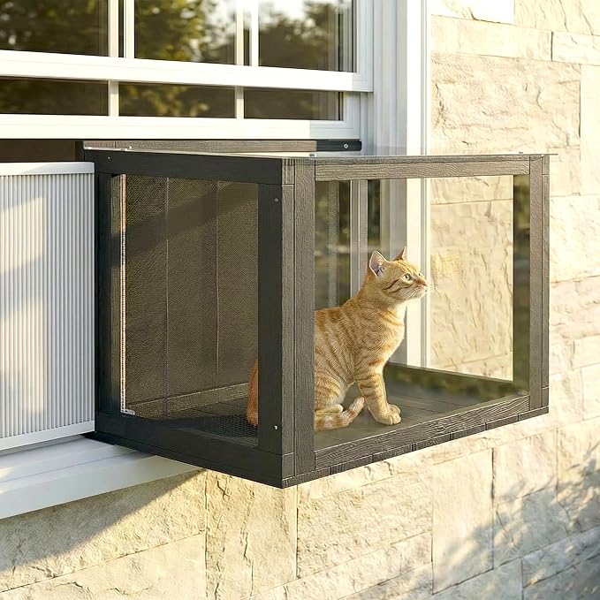 PawHut Cat Window Box Catio, Outdoor Indoor Cat Enclosure with Clear Panels, Universal Window Perch for Wall 25"–41", Catio for Indoor Pet Sunbathing, Napping & Overlooking
