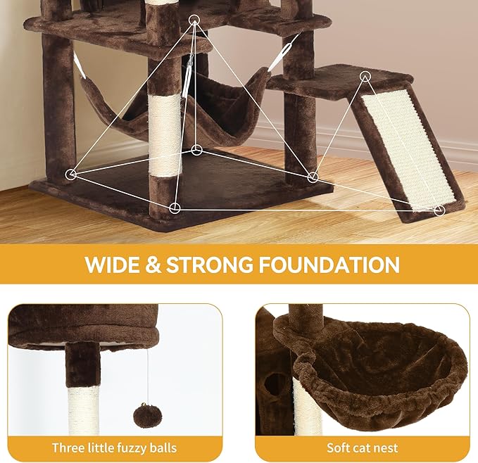 YITAHOME 75-Inch Tall Cat Tree Indoor: Multi-Level Kitten Tower with Kitty Condos, Top Perches, Sisal Ramp, Scratching Posts & Cozy Basket Hammocks Pet Play House Black