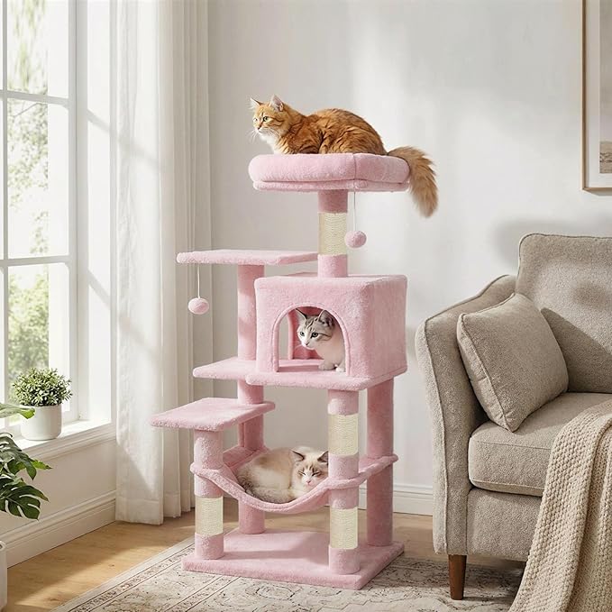 Tangkula Pink Cat Tree, 44 Inch Multi-Level Cat Tower with Sisal Scratching Posts, 2-Door Condo, Padded Top Perch & Hammock, 2 Hanging Balls, Jumping Platforms for Indoor Cats (Pink)