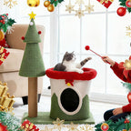 COSIEST 30in Christmas Cat Tree for Kittens, Kitty Condo with Top Perch, Small Cat Tree House with Sisal Scratching Posts, Cat Safe Christmas Tree Tower for Indoor Cats, Activity Center, Red & Green