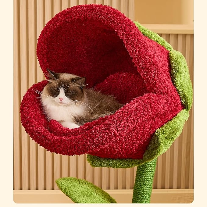 Happy & Polly 42-inch Flower-Shaped Cat Tree with Sisal Scratching Post, Modern Wood Color, Floor Mount, Indoor Climbing