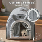 Jiupety Cute Small Dog Cave Bed with Door Curtain Design, Dog House with Reversible Washable Cushion, L Size Portable Puppy House for 14-22lb Cats and 12-17 lb Dogs, Non-Slip Bottom, Grey