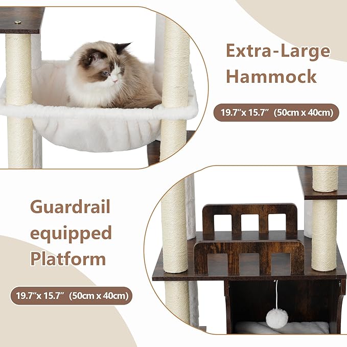Cat Tree, 70.9 Inch Wood Cat Tower for Large Cats Adult, Modern Cat Furniture with Double-Layer Wooden Cat Condo, 2 Platforms, Large Hammock and Scratching Posts, Rustic Brown GCT102SR