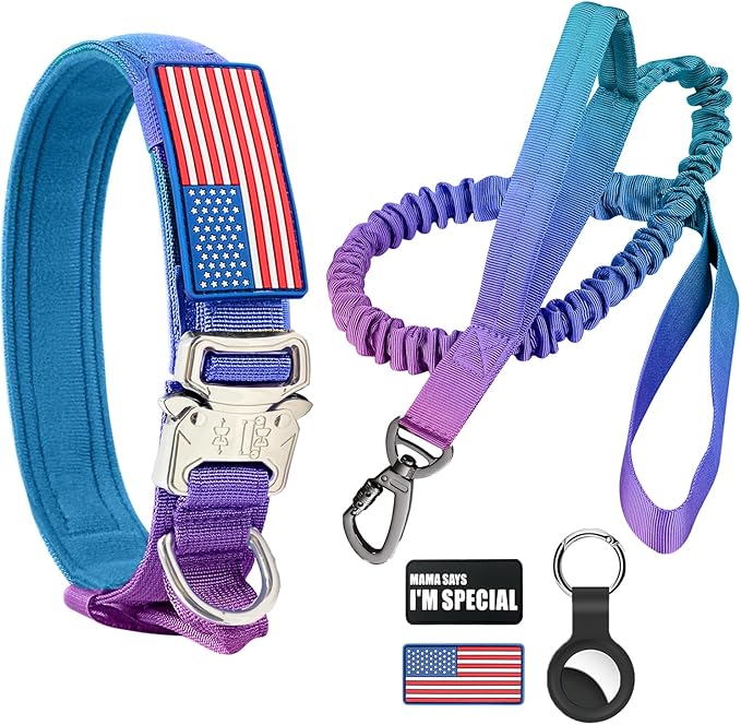 Tactical Dog Collar and Bungee Leash,Military Dog Collar & Leash Set with USA American Flag Adjustable K9 Collar with Heavy Duty Metal Buckle & Handle,with Patches and Airtags Case (Gradient, M)