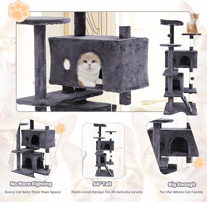 54" Cat Tree for Indoor Cat, Multi-Level Pet House w/Cat Perch, Scratch Post, Plush Toy, Perfect Pet Gift, Light Gray