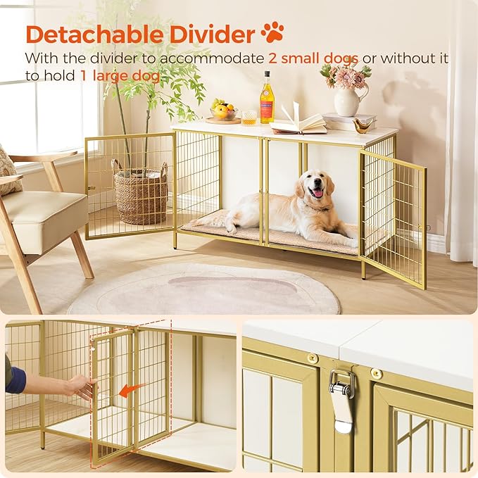 Dog Crate Furniture for 2 Dogs, 43.3" Dog Kennel with Removable Divider, Heavy Sturdy Dog Furniture Style Double Cage for Small Medium Dog, Indoor Pet House End Table, White and Gold
