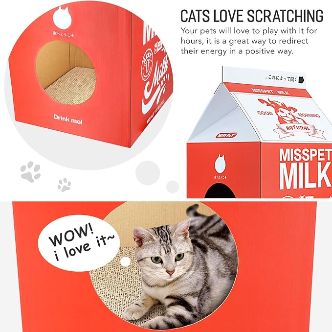 FluffyDream Cat Scratcher Cardboard, Scratching Pad House Bed Furniture Protector, Infinity Shape, Curved (Red, Milk Box)