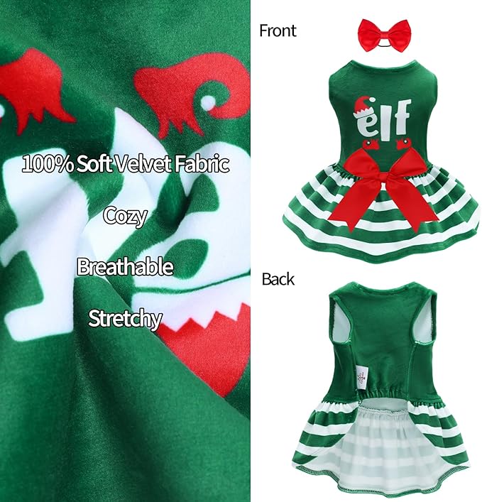 CuteBone Elf Dog Dresses Velvet Holiday Small Dogs Clothes Onesie Pet Apparel Girl Puppy Skirt with Bow Hair Rope CVA55M-D