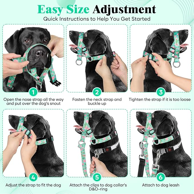 HIGO Dog Head Collar, Adjustable Head Collar for Dogs, No Pulling Head Halter, Training Nose Leash, 3 Pattern Muzzle Leash for Small Medium Large Dogs Easy Walking (Green, XL)