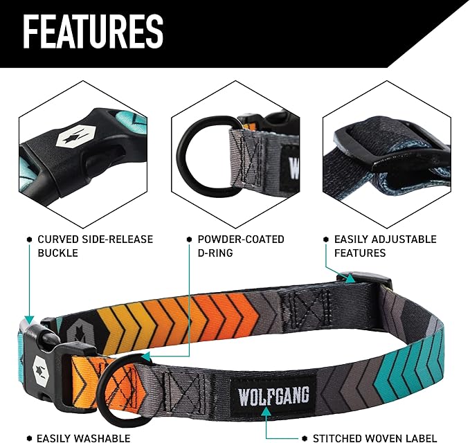 Wolfgang Heavy Duty, Adjustable Dog Collar with Quick Release Nylon Buckle for Walking & Training, ChevTech Print, Large