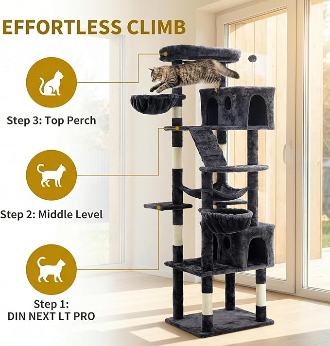 Large Cat Tree with Scratching Posts, Bed, Hammocks & Condos – Multi-Level Cat Tower for Playful Cats, 74" Modern Jungle Gym for Multiple Cats, Grey