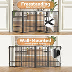 Full Metal Freestanding Dog Gate with Door, 32''Height Foldable Pet Dog Fence for Indoor & Outdoor, 4 Panels Extra Wide Free Standing TallDog Gates for Doorways,House,Stairs,Porch,Deck,Yard