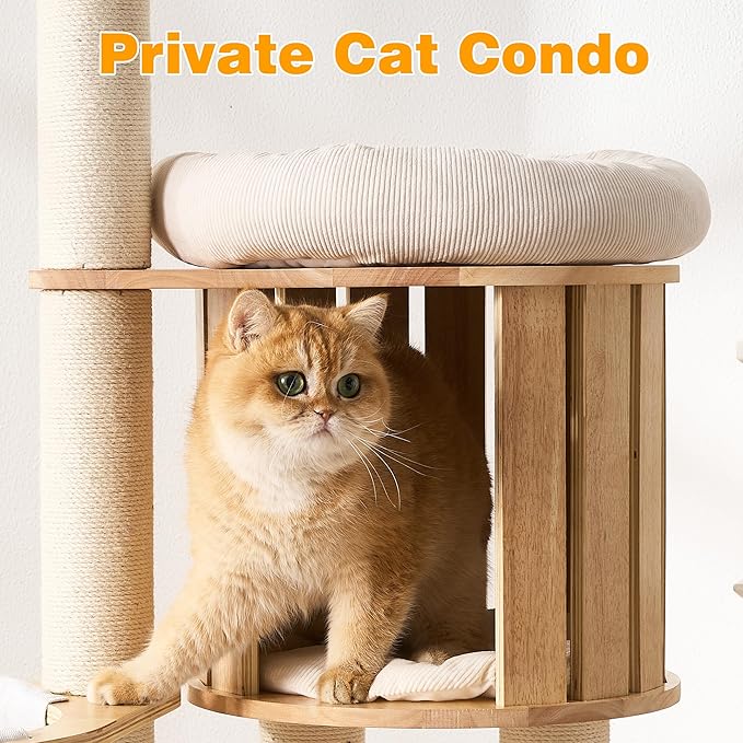 HITTITE Solid Wood Cat Tree Tower with Scratching Post, 61 Inches Tall Cat Towers with Capsule and Condo, Modern Cat Tower with Hammock and Removable Top Bed for Indoor Cats.White