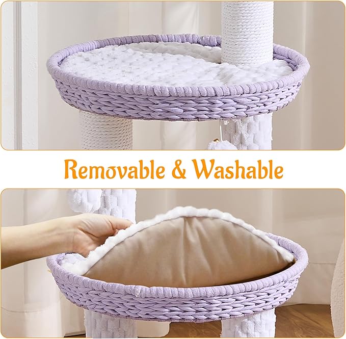 HITTITE Modern Cat Tree Tower with Scratching Post, 46 Inches Tall Cat Towers with Woven Cat Nests and Cave, Multi-Level Cat Tree With Removable Cushions and Massage Brush for Indoor Cats Large Adult.
