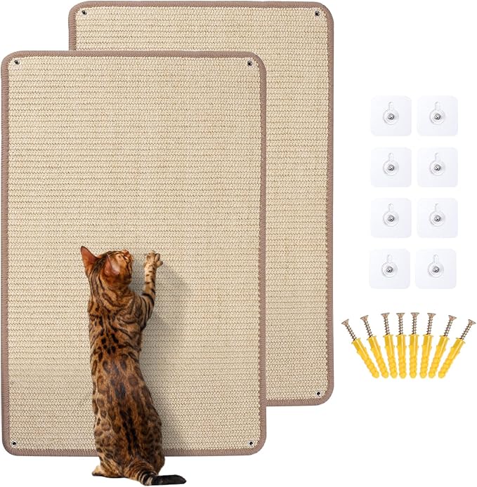Natural Sisal Cat Scratching Mats 2 Packs,Cat Scratch Furniture Protector,Wall Mounted Wall Climbing Carpet, Horizontal Cat Scratcher Rugs Carpets Mats for Wall Couch Protection，23.6" Lx15.7 W