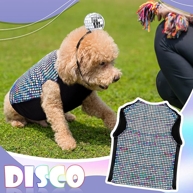 Disco Sequins Dog Costume Set Dog Holographic Shiny Shirt with Disco Ball Headband 80s 70s Party Pet Outfits Glitter Halloween Christmas Cosplay Clothes for Puppy Cat(S)