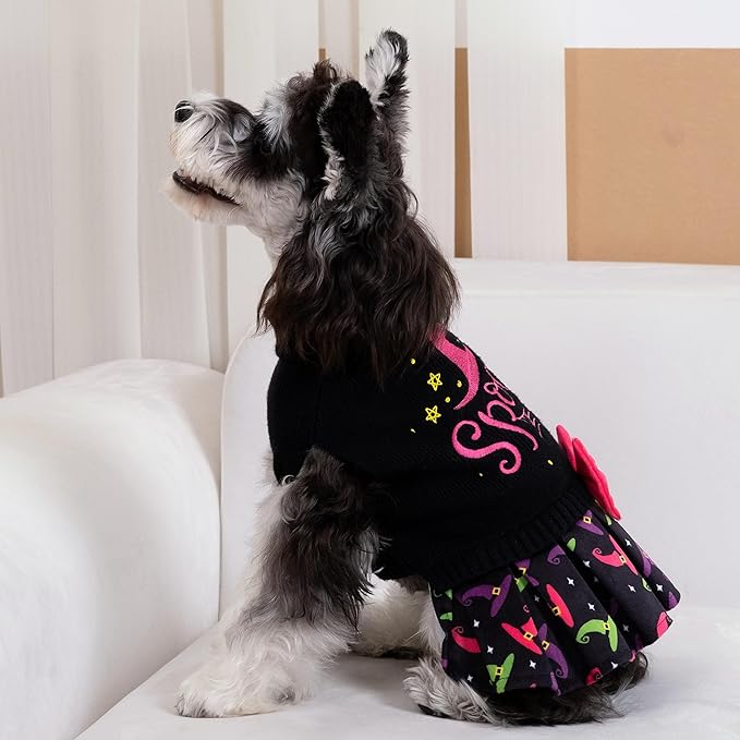 CuteBone Halloween Dog Sweater Dress Spooky Embroidery Turtleneck Puppy Sweater with Bowtie Leash Hole Pullover Winter Dress for Small Dogs