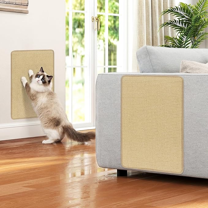 PETSITE Cat Scratcher Mat, Natural Sisal Scratching Mats, Horizontal Cat Floor Scratching Pad Rug with Adhesive Hook Loop Tapes (6, 23.62 x 15.75 in)