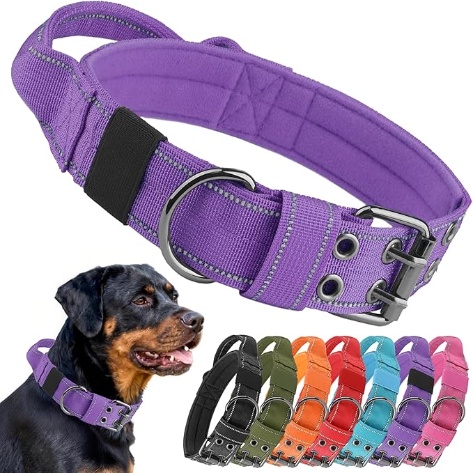 Tactical Dog Collar with Control Handle, Military Adjustable Pet Collar Reflective Heavy Metal Buckle Dog Collar, Soft Nylon Training Collar for Medium Large Dogs (Purple, X-Large)