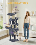 62.6" Cat Tree for Indoor Cats, Cat Tower, Multi-Level Cats Condo with 8 Scratching Posts, 3 Platforms, 2 Caves, Basket, Plush Balls, Sisal Rope, Anti-Tip Kit, Dark Grey MS15918SG