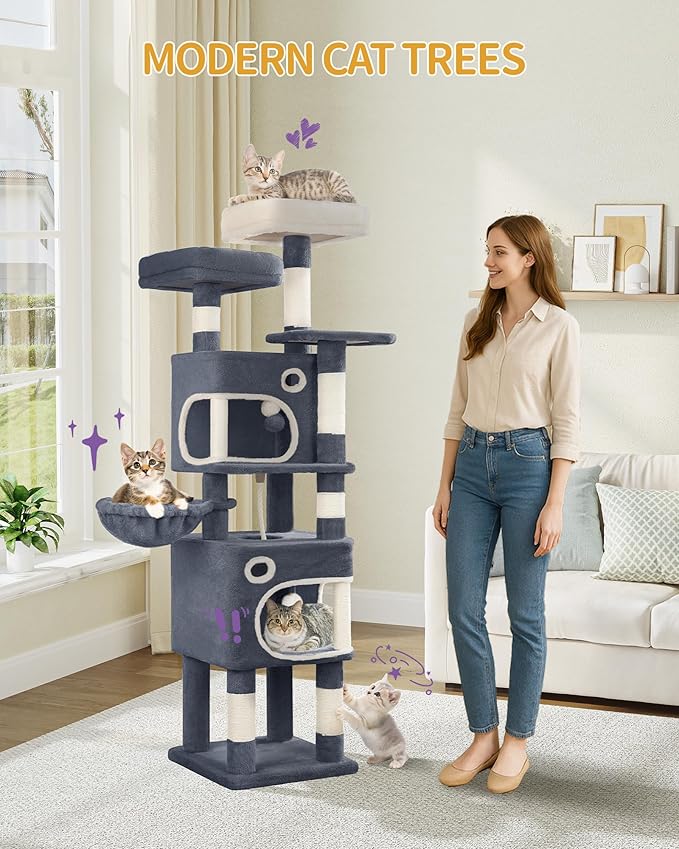 62.6" Cat Tree for Indoor Cats, Cat Tower, Multi-Level Cats Condo with 8 Scratching Posts, 3 Platforms, 2 Caves, Basket, Plush Balls, Sisal Rope, Anti-Tip Kit, Dark Grey MS15918SG