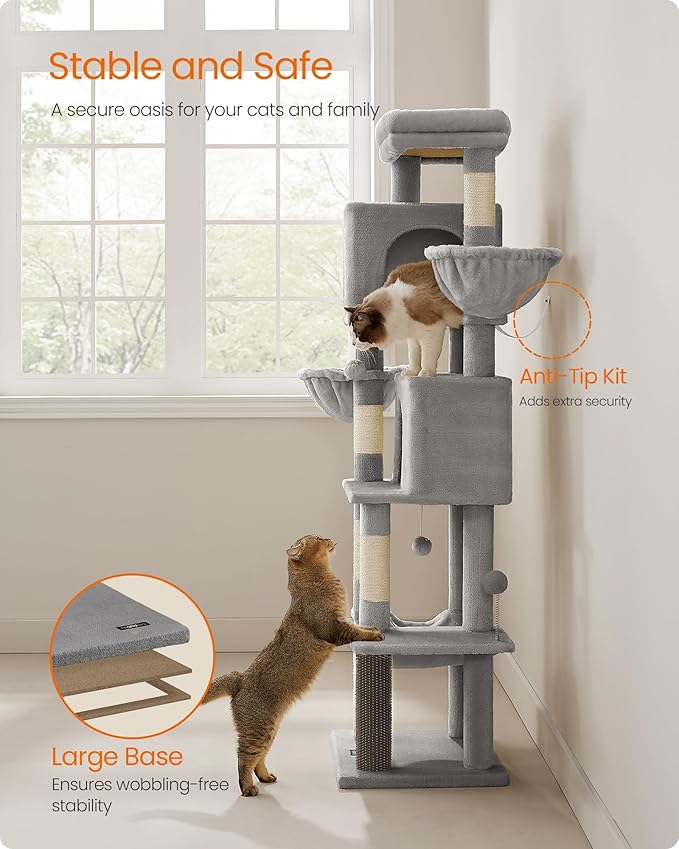 Feandrea Cat Tree, 69-Inch Tall Cat Tower, Multi-Level Plush Condo with 2 Caves, 2 Baskets, 5 Scratching Posts, Self-Groomer, Perch, Hammock, Dove Gray UPCT182G01
