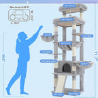 Hey-brother Cat Tree Tower, Scratching Posts with Extra Large Platform and Basket, Specious Condo, 2 Cozy Hammocks, Scratch Board for Indoor Adult Cats, Maine Coon 71.7 inches, Light Gray MPJ080W
