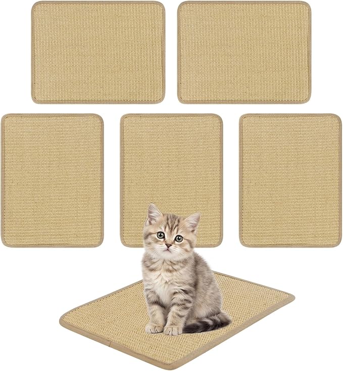 PETSITE Cat Scratcher Mat, Natural Sisal Scratching Mats, Horizontal Cat Floor Scratching Pad Rug with Adhesive Hook Loop Tapes (6, 15.75 x 11.81 in)