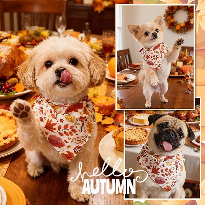 Dog Fall Bandanas - Colorful Autumn Leaves, Acorns & Berries Print, Thanksgiving Holiday Triangle Pet Scarf with Snap Button, Medium and Large Breed, 30-75lbs