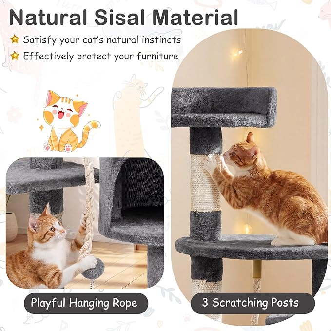 Tangkula 36 Inch Cat Tree Tower, Multi-Level Cat Tower with Condo, Top Perch, Sisal Scratching Posts & Hanging Rope, Spring & Hanging Balls, Climbing Platforms for Indoor Cats and Kittens (Light Gray)