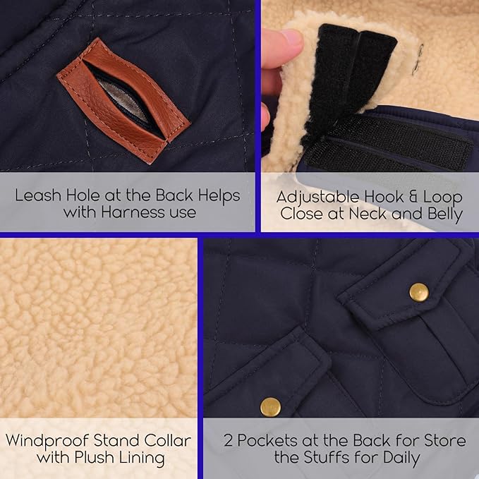 ASENKU Warm Dog Winter Coat, Waterproof Dog Coat for Cold Weather, Fleece Dogs Jacket with Ultra Thick Plush Lining Leash Hole Storage Pockets for Small Dogs (Navy Blue, X-Small)