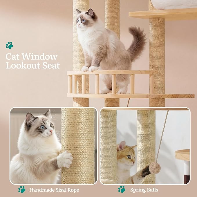 YITAHOME Stable Pine Wood Cat Tree, Multi-Level Cat Tower with Observation Perches, Sisal Scratching Posts, Removable Plush Bed & 2 Interactive Sisal Balls, Cat Furniture