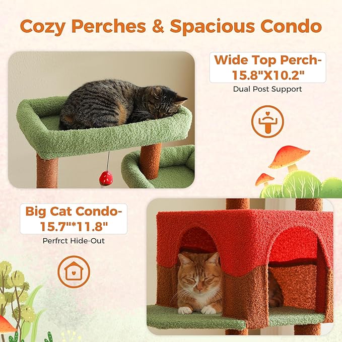 PETEPELA 69" Mushroom Cat Tree for Indoor Large Cats, Tall Cat Tower for Adult Cats with Big Hammock, Cat Climbing Tree Tower with Scratching Posts, Condo House and Large Top Perch, Brown