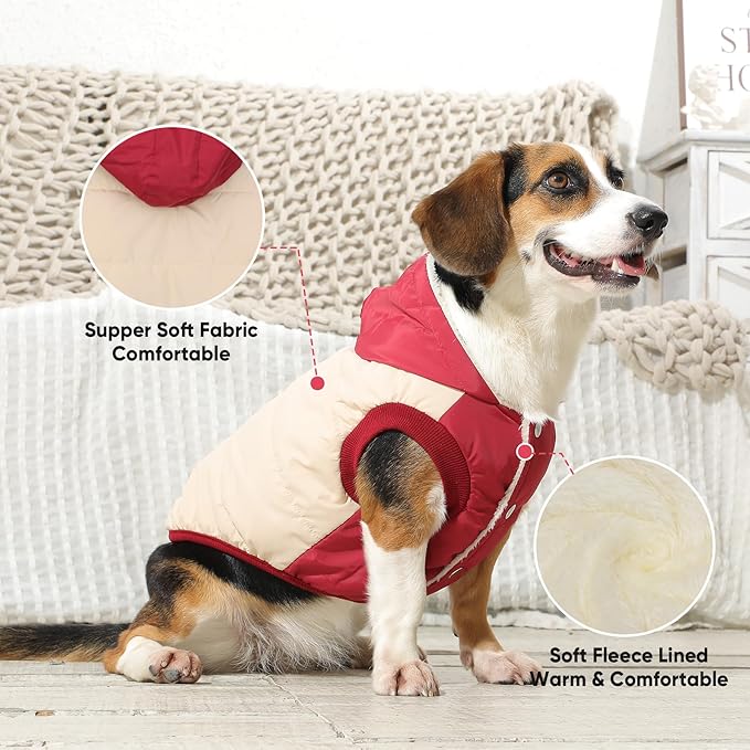 Fleece Lining Extra Warm Dog Hoodie in Winter,Small Dog Jacket Puppy Coats with Hooded,Beige and Red S