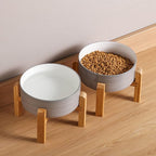 Elevated/Raised Dog Bowl Ceramic with Wood Stand for Medium Large Breed,Dog Food Water Dish Heavy Weighted,8 in Non Slip Modern Cute Porcelain Pet Bowl Extra Large Grey White