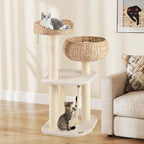 41 Inches Wicker Cat Tree, Modern Cat Tower with Handwoven Cat Condo & Perch, Scratching Post, Dangling Balls and Sisal Rope, Indoor Cat Tree Tower for Large Adult Cats 20 Lbs (White)