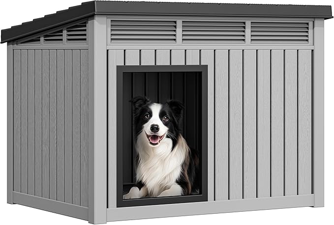 YITAHOME Plastic Dog House, Indoor & Outdoor Dog Kennel with Lift-Up Sloping Roof, Waterproof & Ventilated for Small to Medium Dogs, Easy to Clean Design, Gray