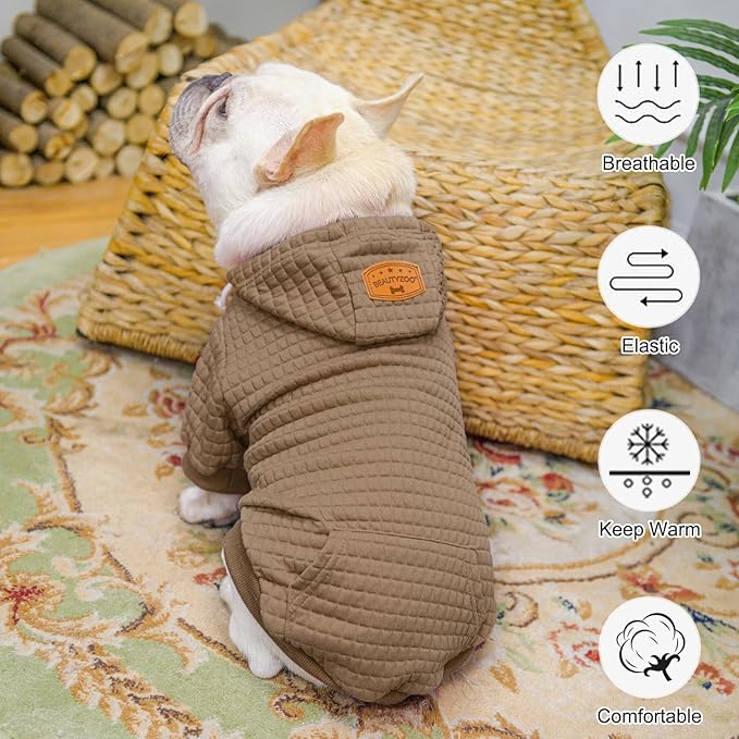 BEAUTYZOO Small Dog Hoodie Sweater with Pockets, Dog Clothes for Small Medium Dogs Boy Girl, Waffle-Like Laminated Cotton Pet Coats with Hat and Leash Hole, Khaki XS