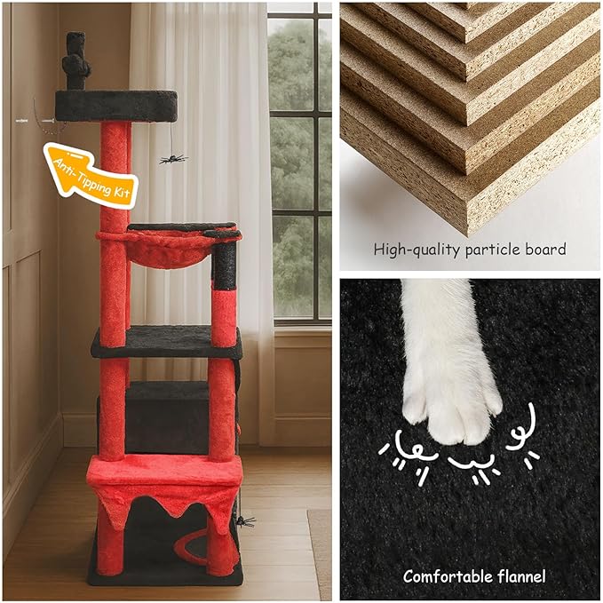 BYBYME Gothic Cat Tree for Halloween, 66in Tall Sturdy Furniture Set with Bed House, Hanging Toy, Scratching Board Sisal-Covered Posts, Multifunctional Cat Play Tower with Hammock（Black Red）