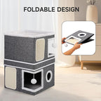 Shikha 2-Storey Cat Houses for Indoor Cats, Dual-Purpose Double Large Cat Beds Cave with Hideaway Condos, Scratch Pads, Fluffy Balls, Foldable Indoor Cat Cube House for Multi Small Pets Kitten, Grey