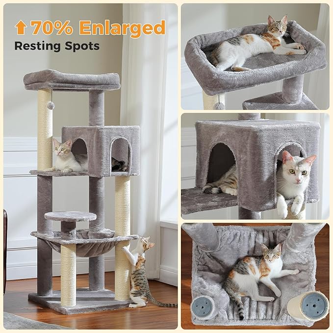 PEQULTI 57.9'' Cat Tree, Multi-Level Tower with Large Top Perch, Thick Scratching Posts and Hammock for Large Indoor Cats up to 20 lbs,Gray